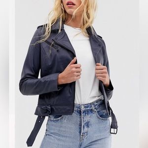 Barney’s originals colored leather biker jacket navy sz medium